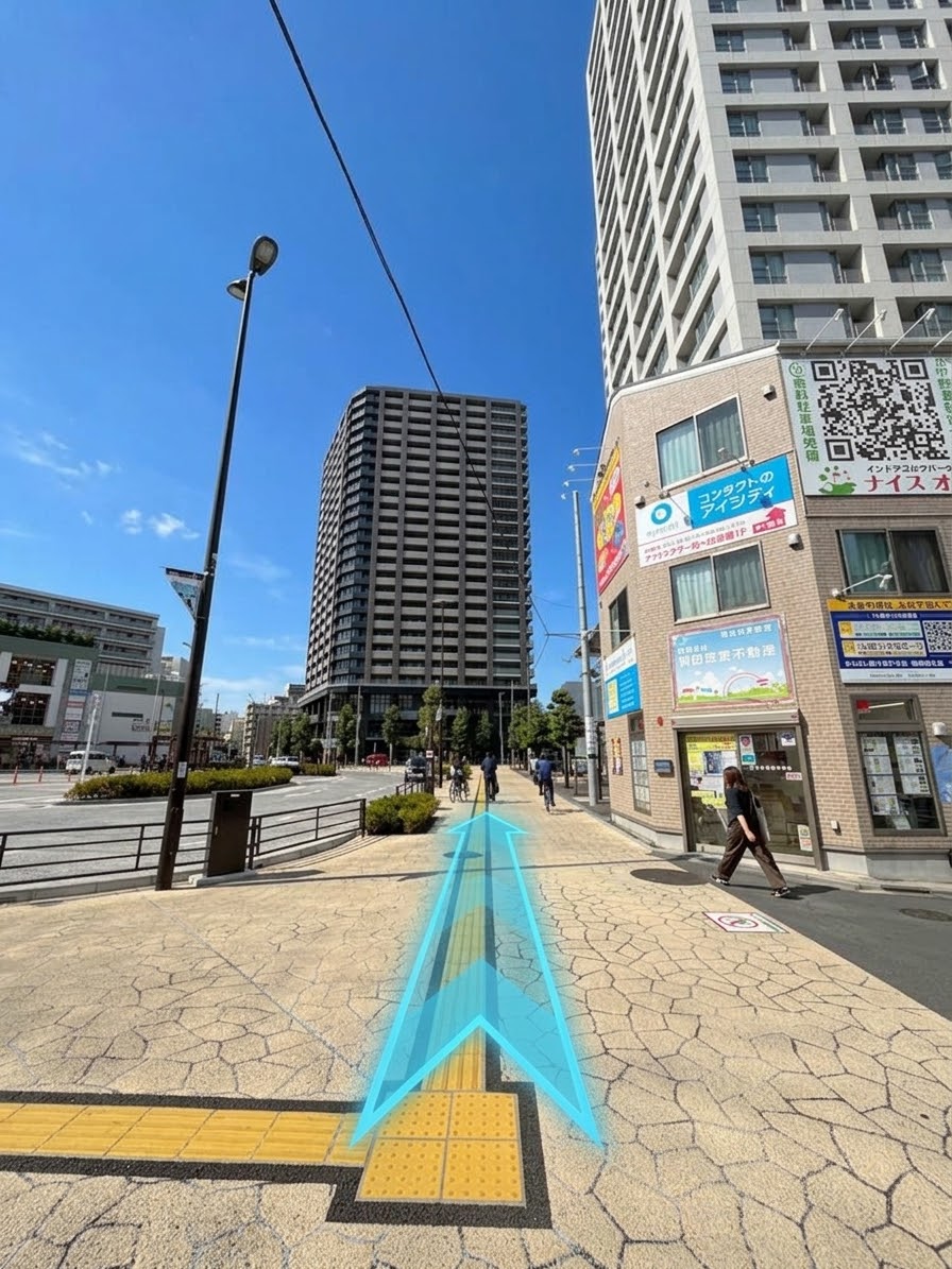 ロータリーを抜けた先の歩道。正面に高層マンションが見え、矢印がまっすぐ伸びている。
