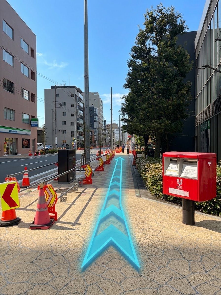 右手に赤い郵便ポストがある歩道。矢印が奥へ伸びている。